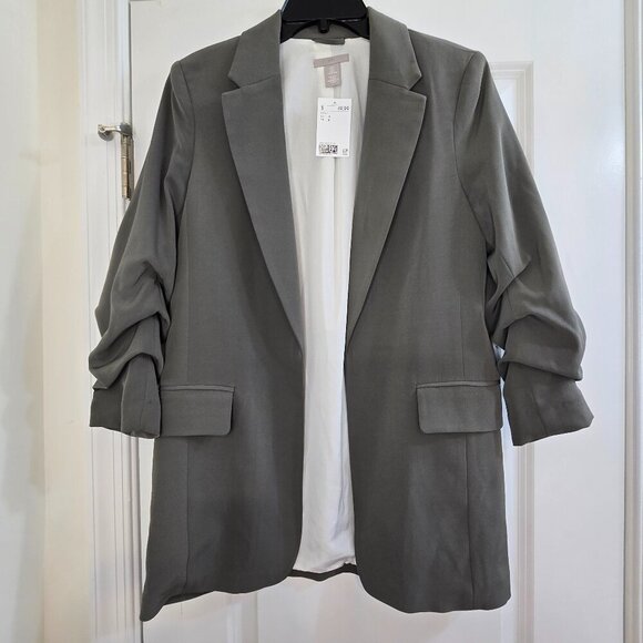H&M Gathered-Sleeve Jacket Blazer - Dark Taupe - NWT - Picture 1 of 6